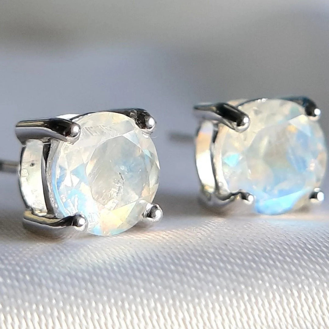 Rainbow moonstone sterling silver stud earrings