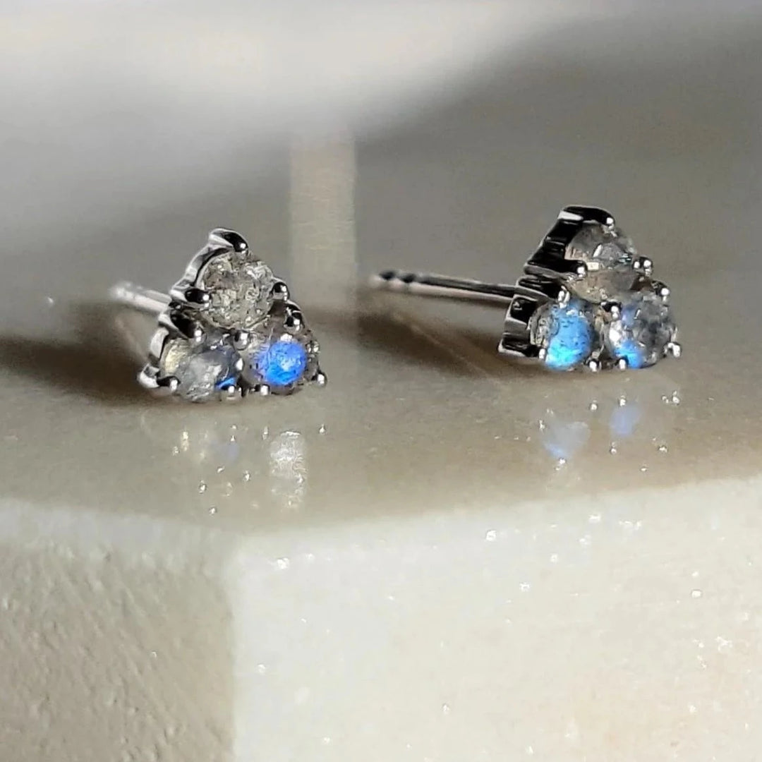 Labradorite Trio Tiny dainty Silver stud Earrings