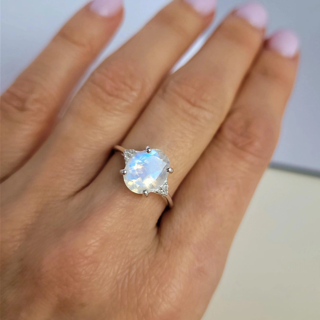 Promise Rainbow large oval Moonstone sterling Silver statement Ring