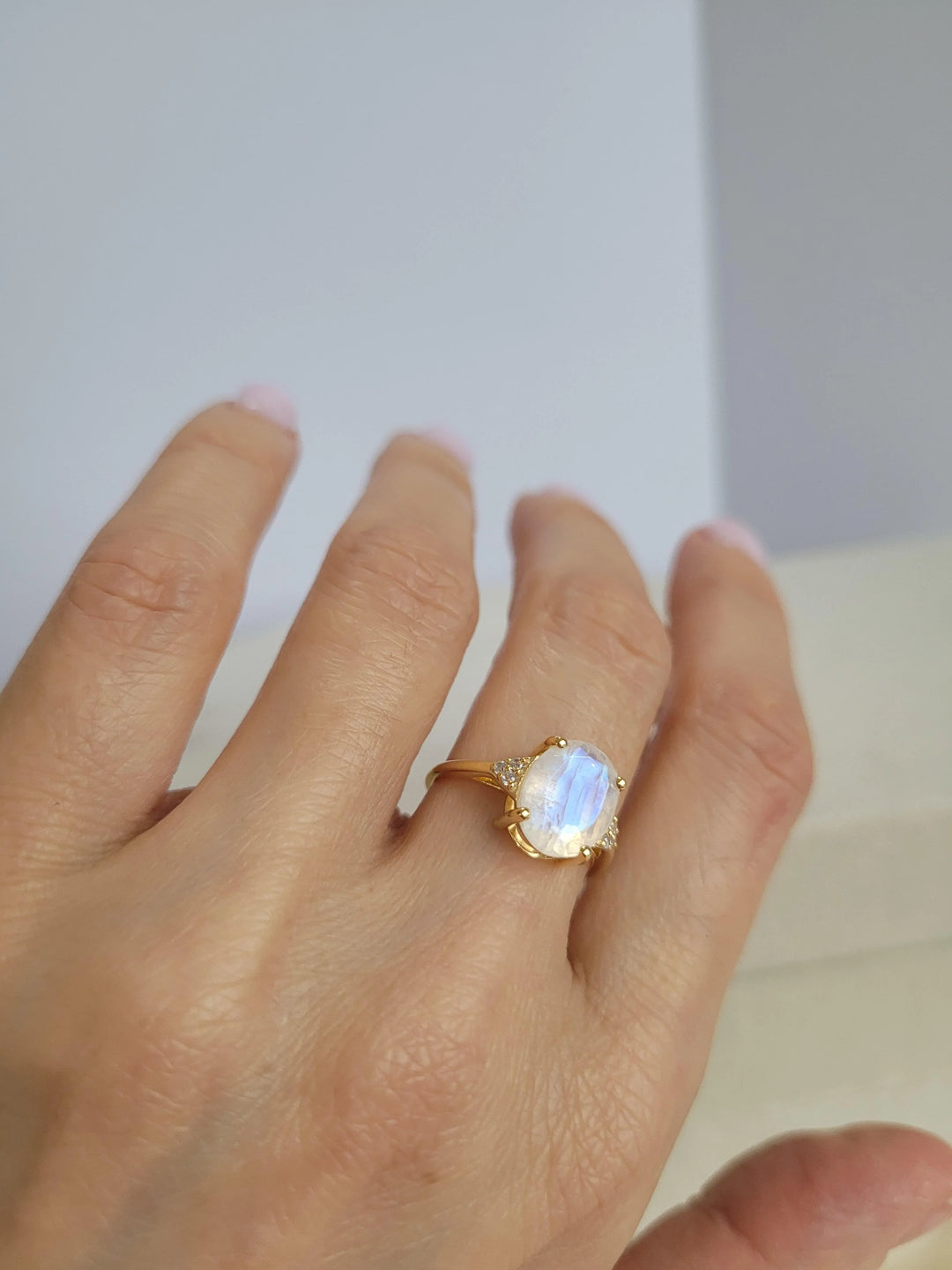 Promise Rainbow large oval Moonstone sterling Silver statement Ring