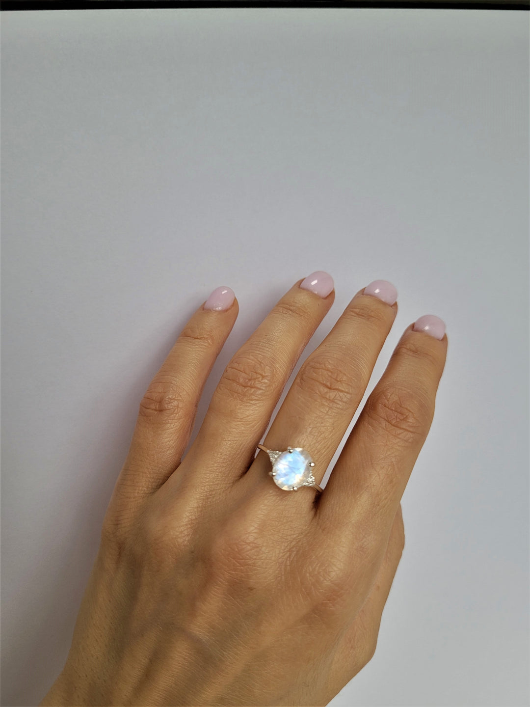 Promise Rainbow large oval Moonstone sterling Silver statement Ring