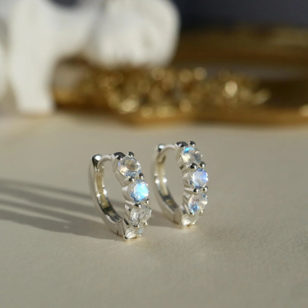 Rainbow Moonstone Silver Huggie Earrings