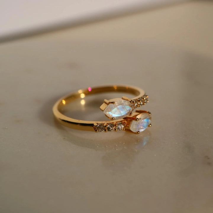 Marquise rainbow Moonstone Adjustable open silver Gold Ring