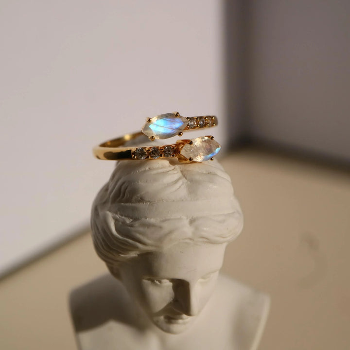 Marquise rainbow Moonstone Adjustable open silver Gold Ring