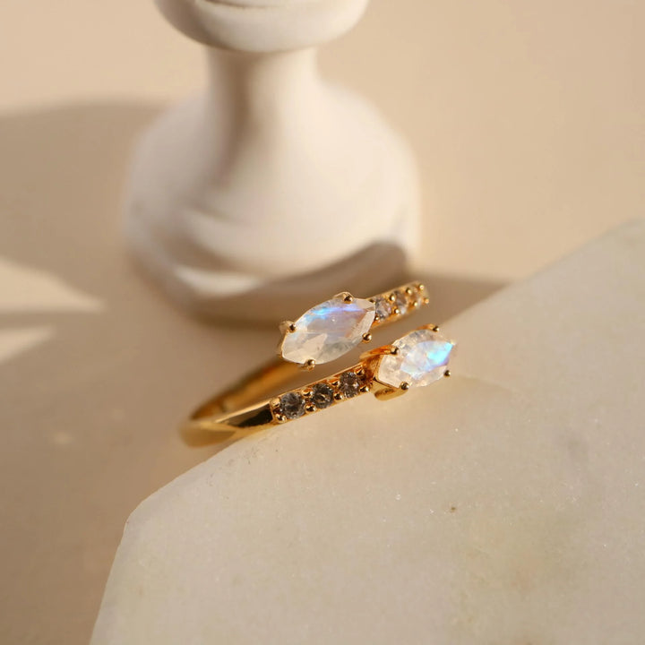 Marquise rainbow Moonstone Adjustable open silver Gold Ring