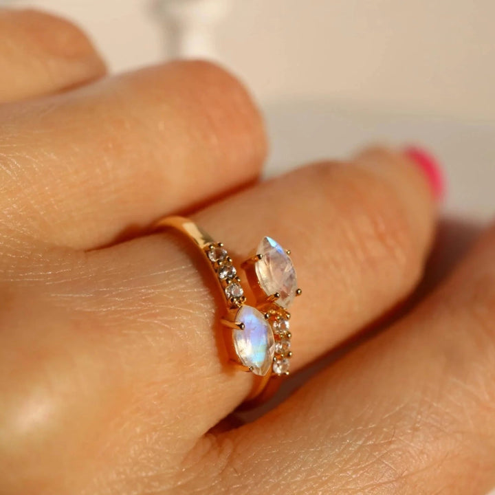 Marquise rainbow Moonstone Adjustable open silver Gold Ring