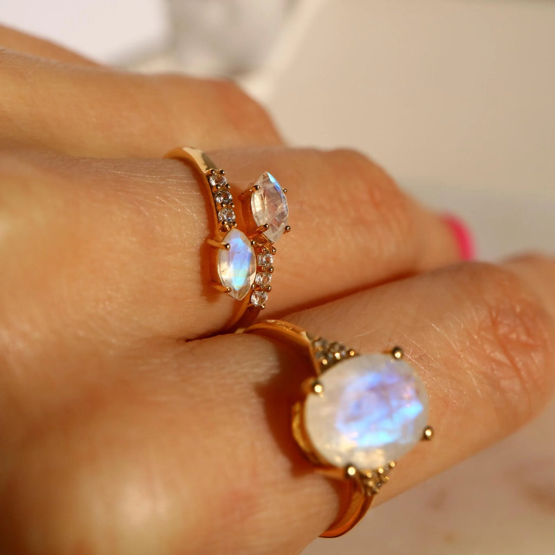 Marquise rainbow Moonstone Adjustable open silver Gold Ring