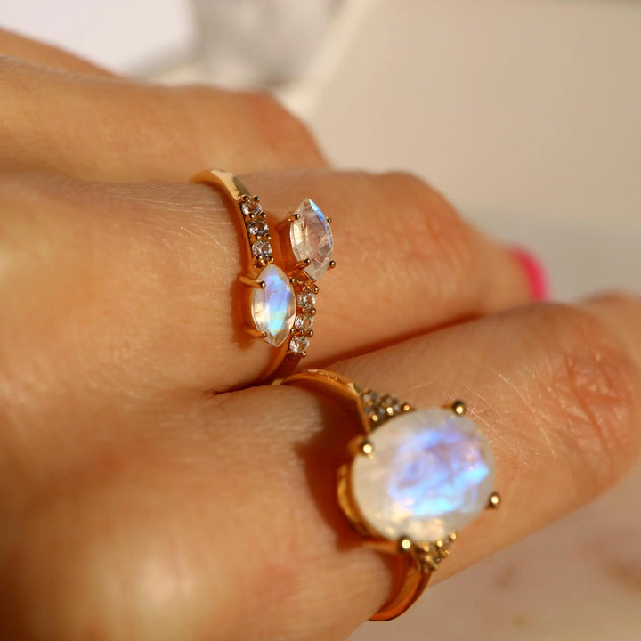 Marquise rainbow Moonstone Adjustable open silver Gold Ring