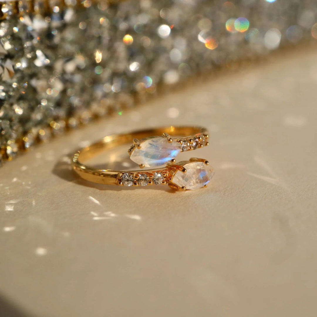 Marquise rainbow Moonstone Adjustable open silver Gold Ring