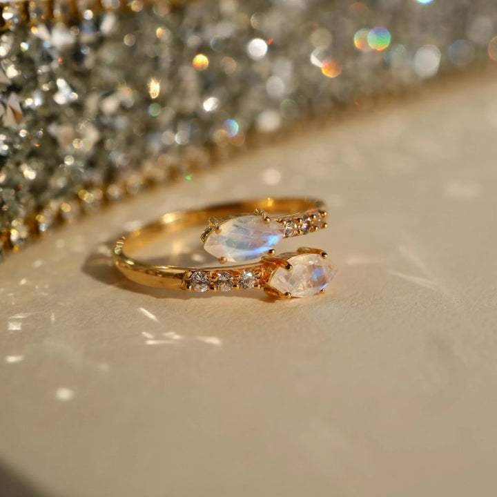 Marquise rainbow Moonstone Adjustable open silver Gold Ring