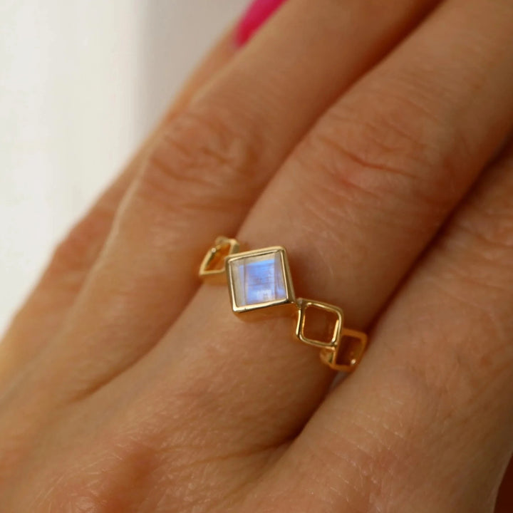 Square rainbow Moonstone Gold Vermeil over silver stacking Ring