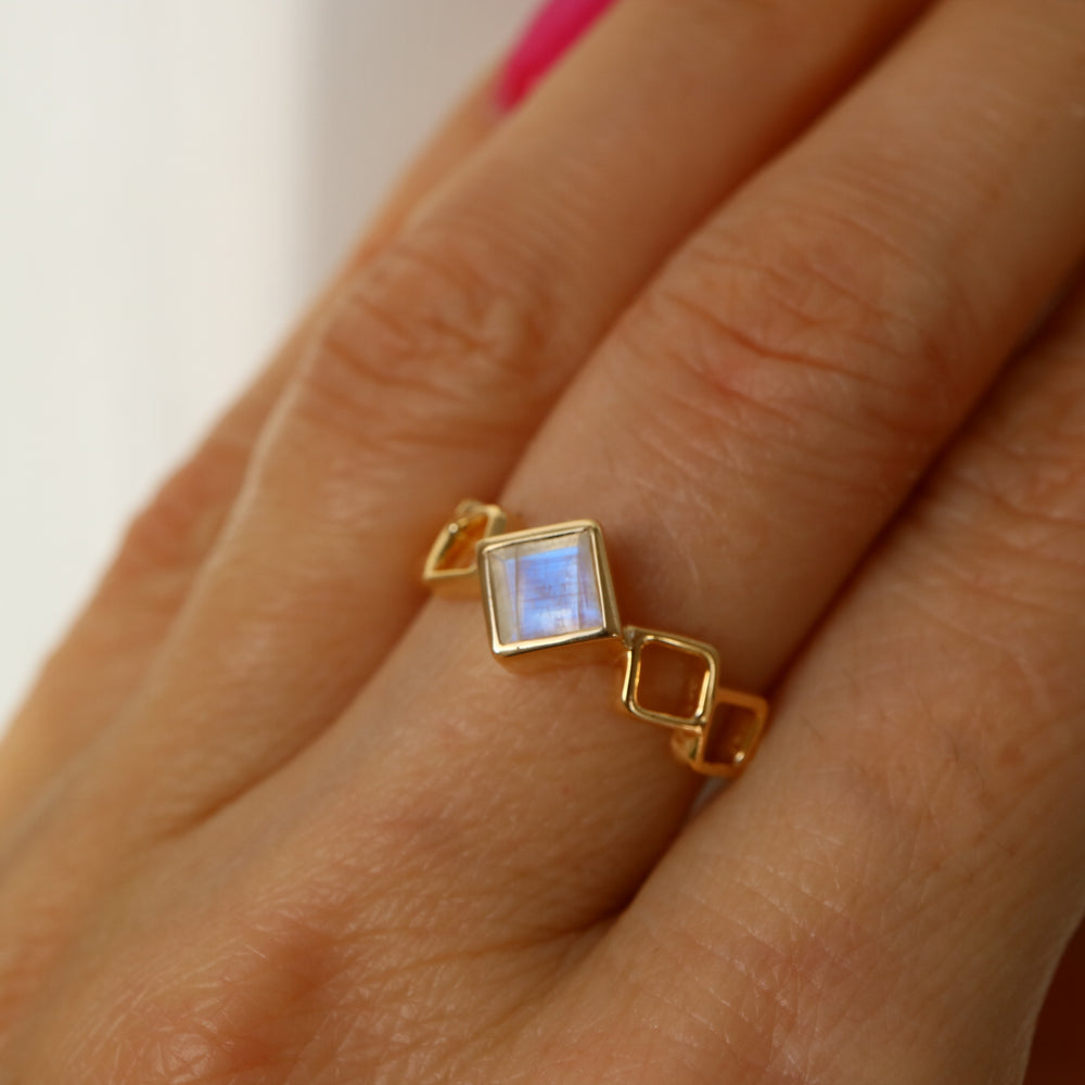 Square rainbow Moonstone  silver stacking Ring