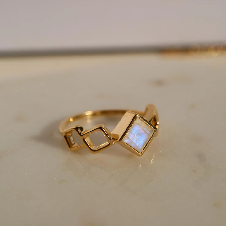 Square rainbow Moonstone Gold Vermeil over silver stacking Ring