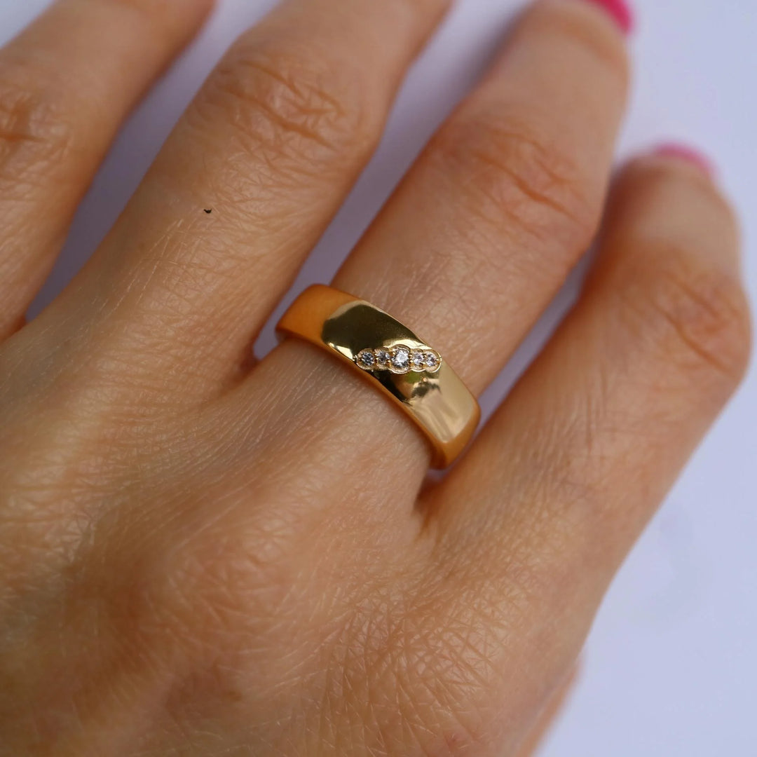 natural Zircon Cigar wide Band Adjustable open sterling silver Gold statement Ring