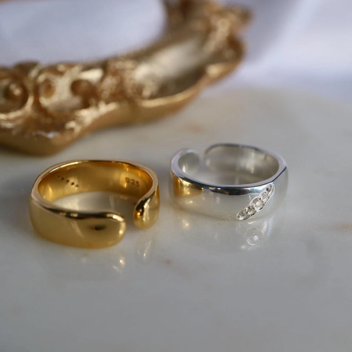 natural Zircon Cigar wide Band Adjustable open sterling silver Gold statement Ring