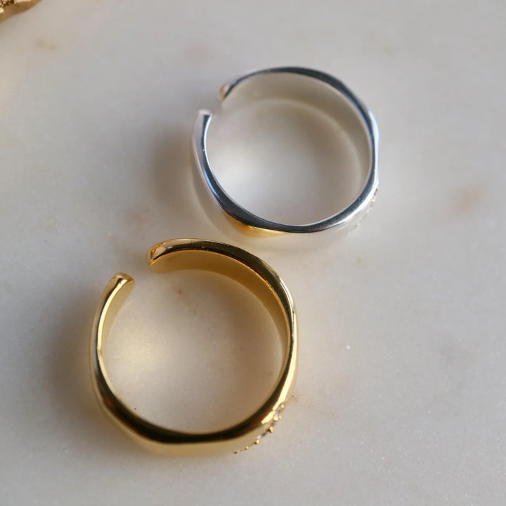 natural Zircon Cigar wide Band Adjustable open sterling silver Gold statement Ring