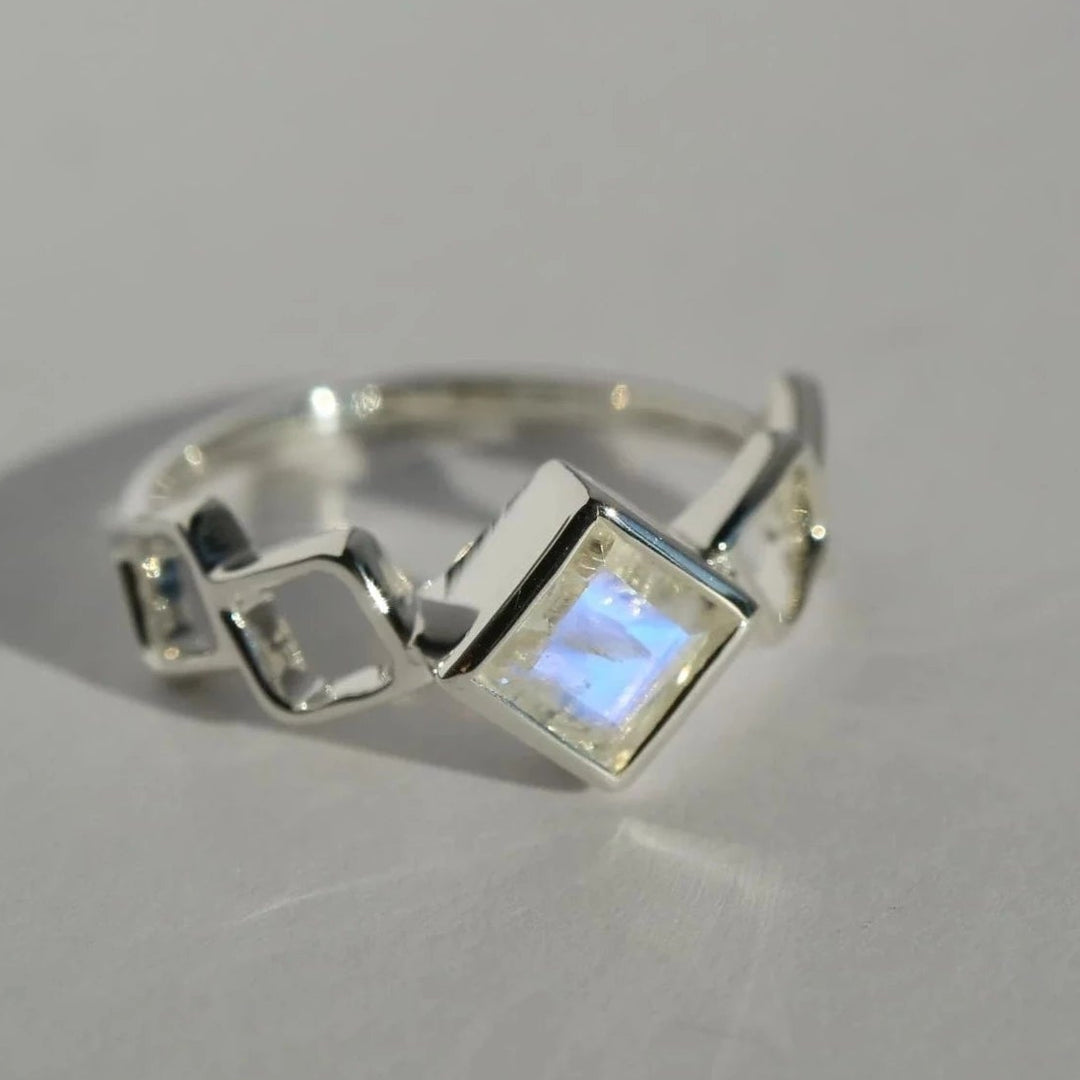 Square rainbow Moonstone  silver stacking Ring