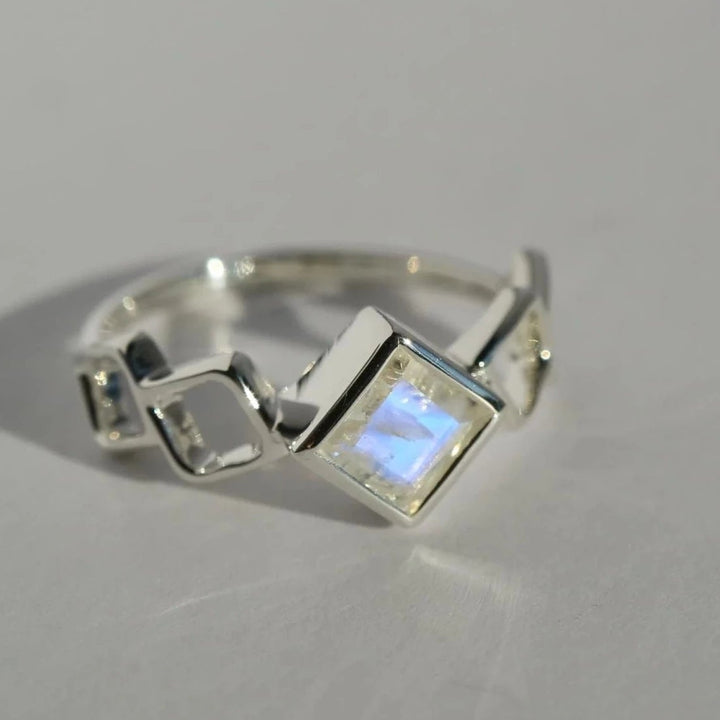 Square rainbow Moonstone  silver stacking Ring