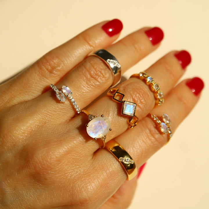 Square rainbow Moonstone  silver stacking Ring