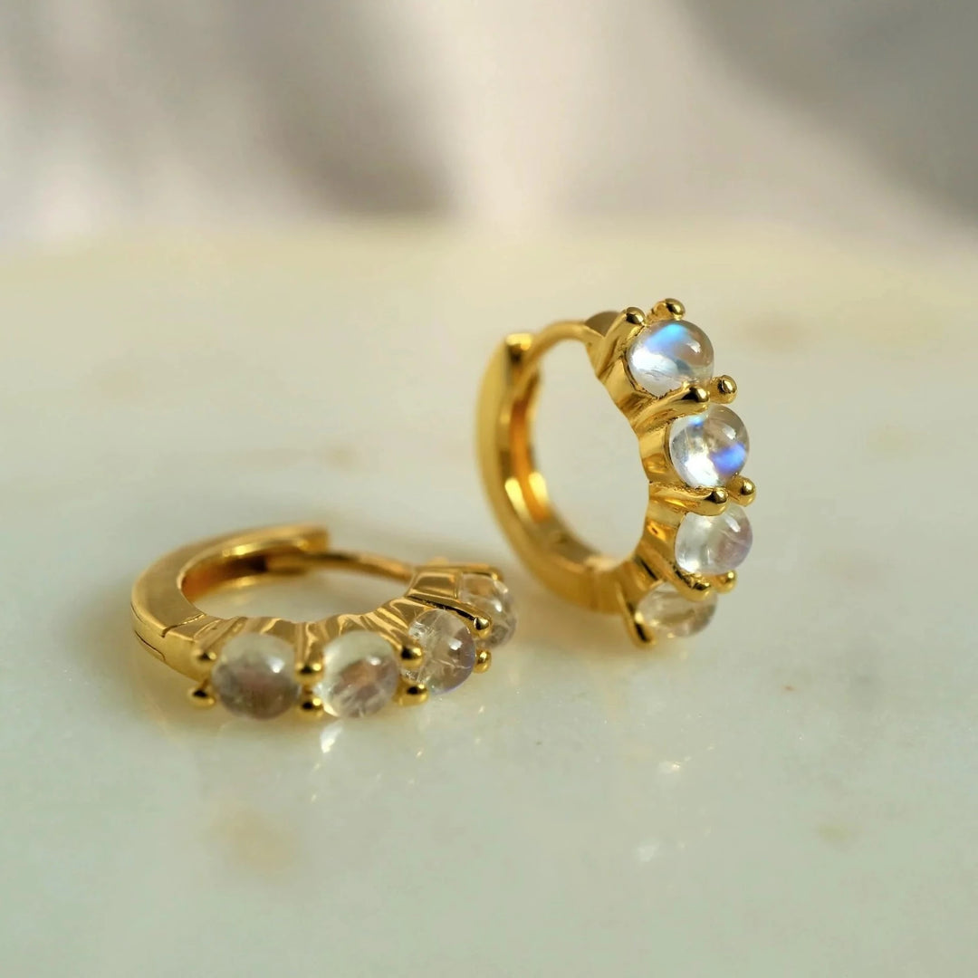 rainbow moonstone sterling silver 14 K gold vermeil huggies hoop earrings dainty