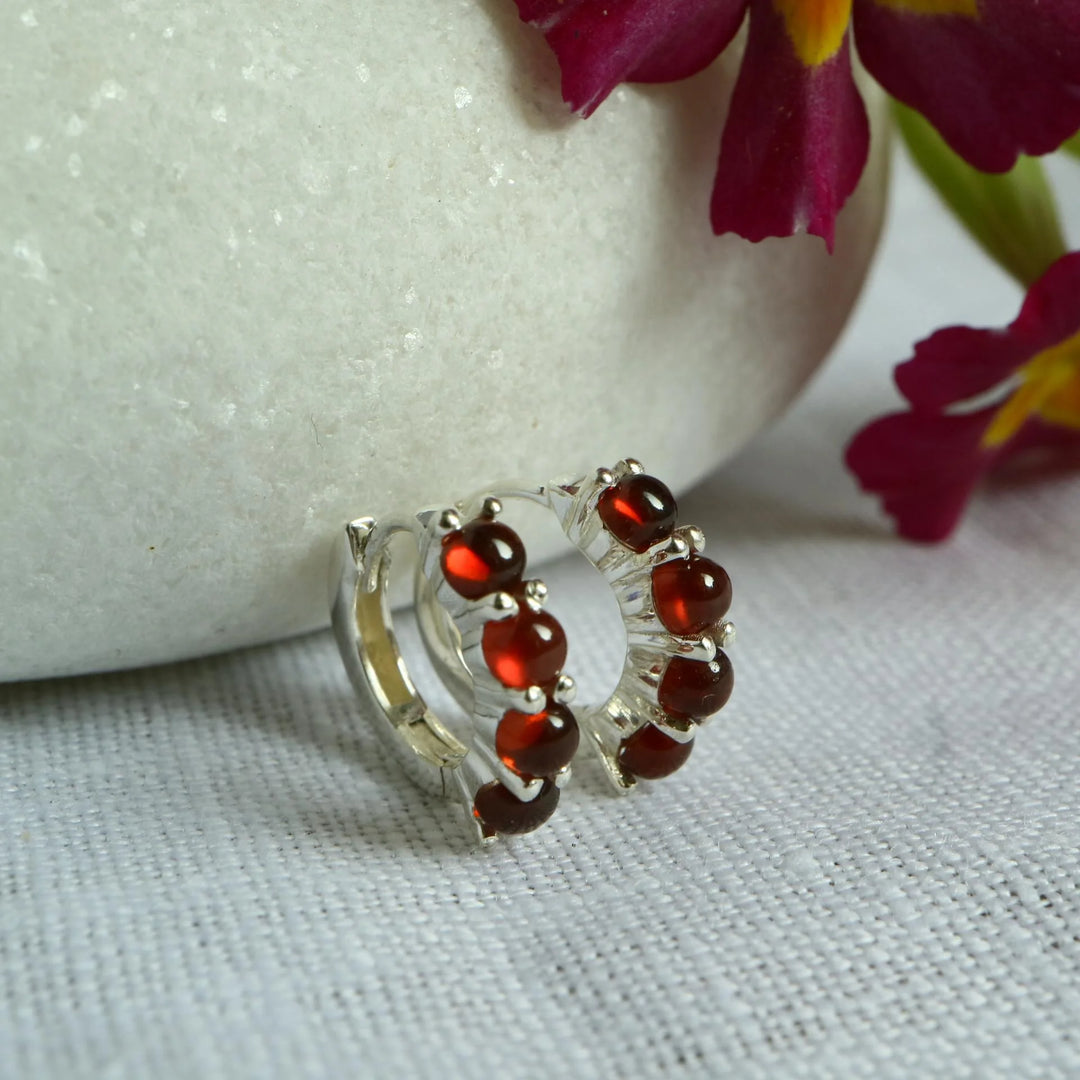 Natural Mozambique Garnet Silver Huggie Hoop Earrings