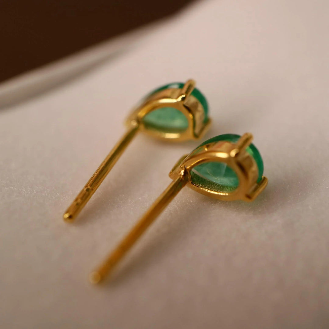 Pear Cut Zambian Emerald Gold Stud Earrings