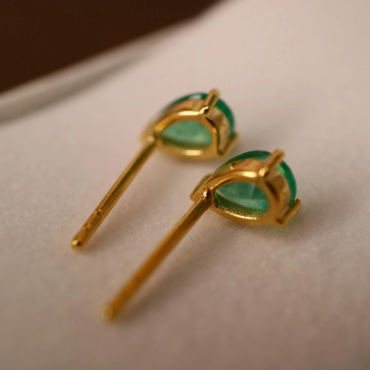 Pear Cut Zambian Emerald Gold Stud Earrings