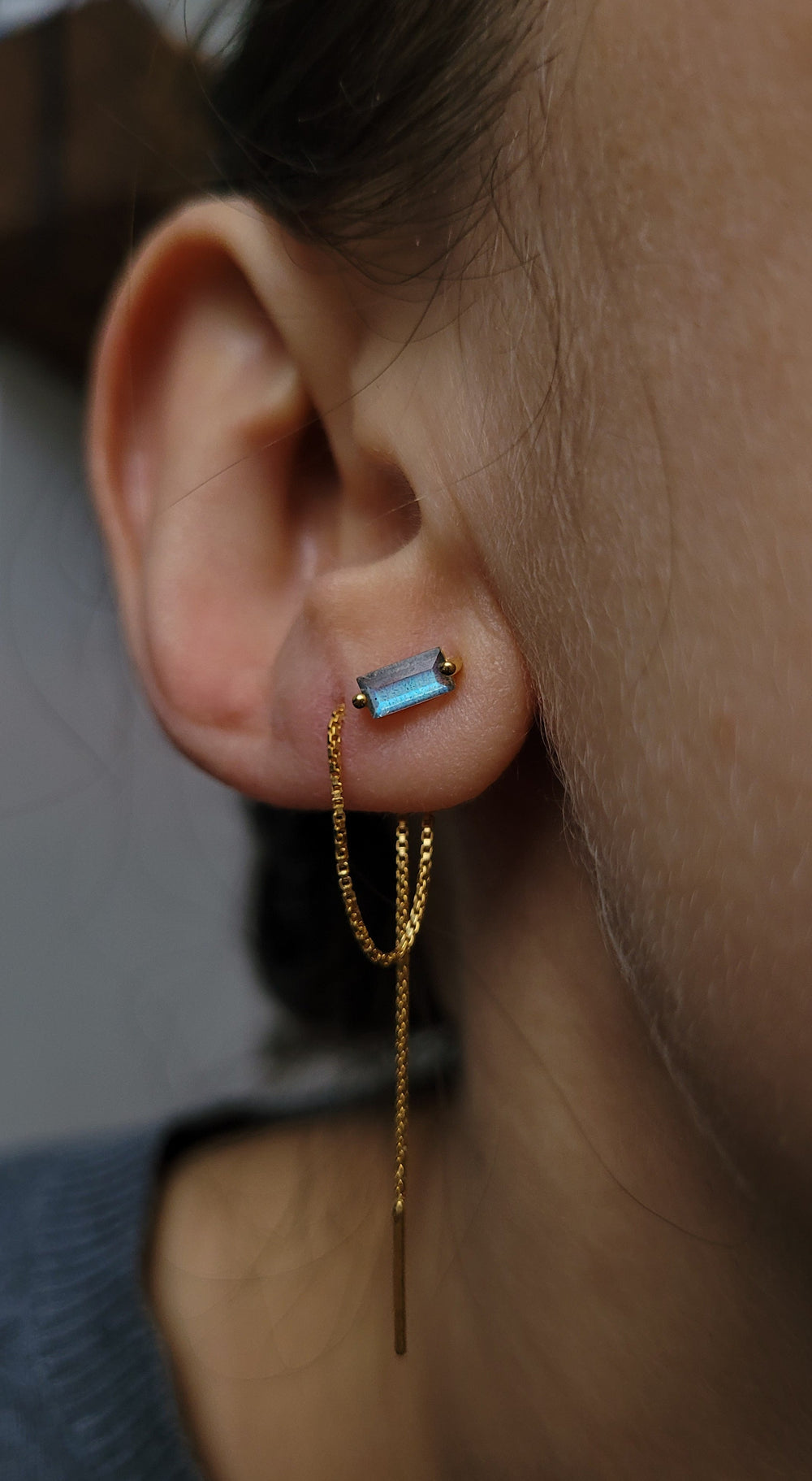 Labradorite baguette cut Chain Threader Gold silver Earrings