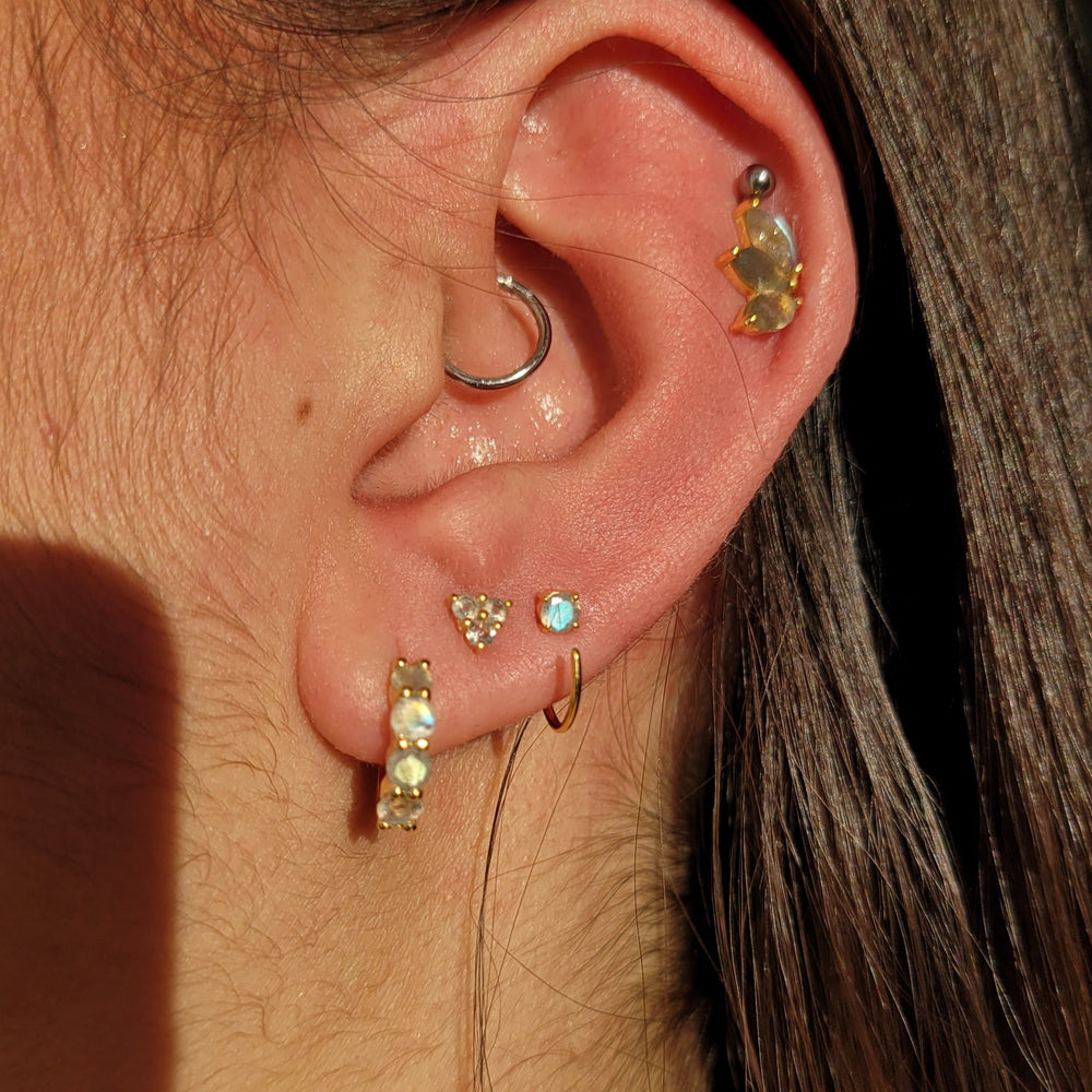 natural labradorite open hook sterling silver 14 K gold vermeil huggie earrings dainty minimalist for cartilage or second piercing