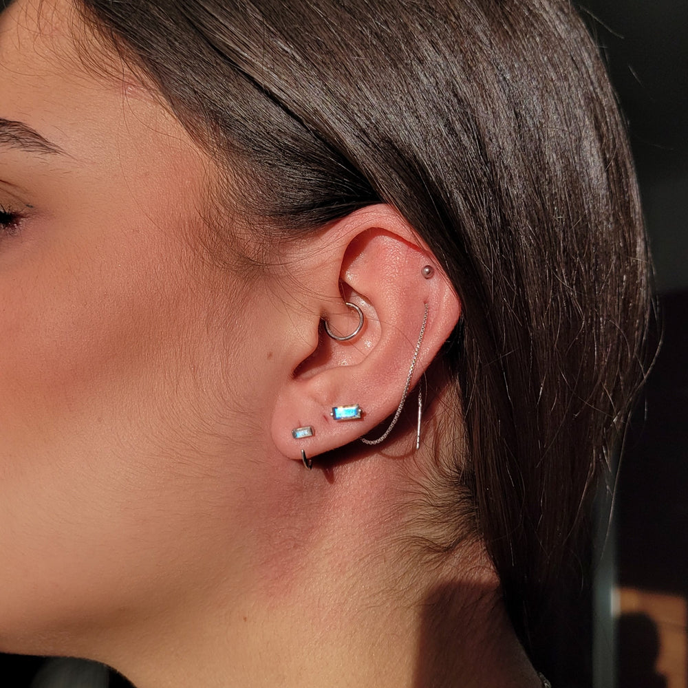 baguette cut natural labradorite open hook sterling silver 14 k gold vermeil huggie hoop earrings dainty minimalist gemstone