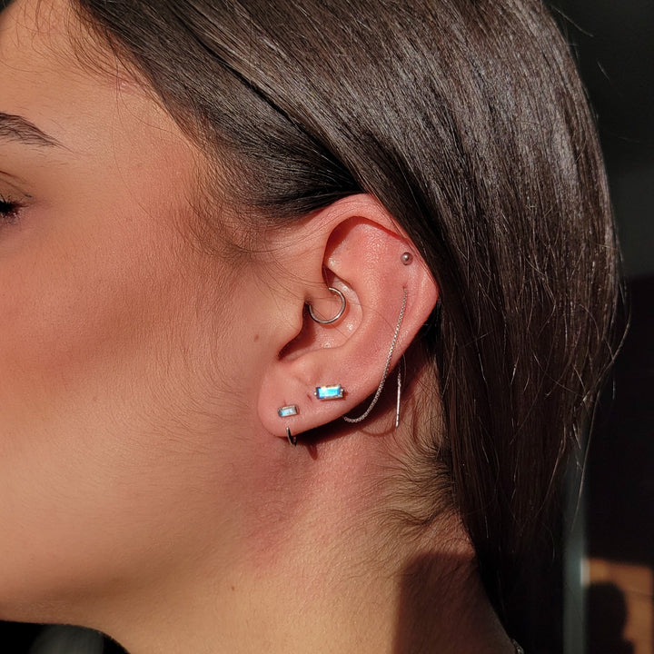 baguette cut natural labradorite open hook sterling silver 14 k gold vermeil huggie hoop earrings dainty minimalist gemstone