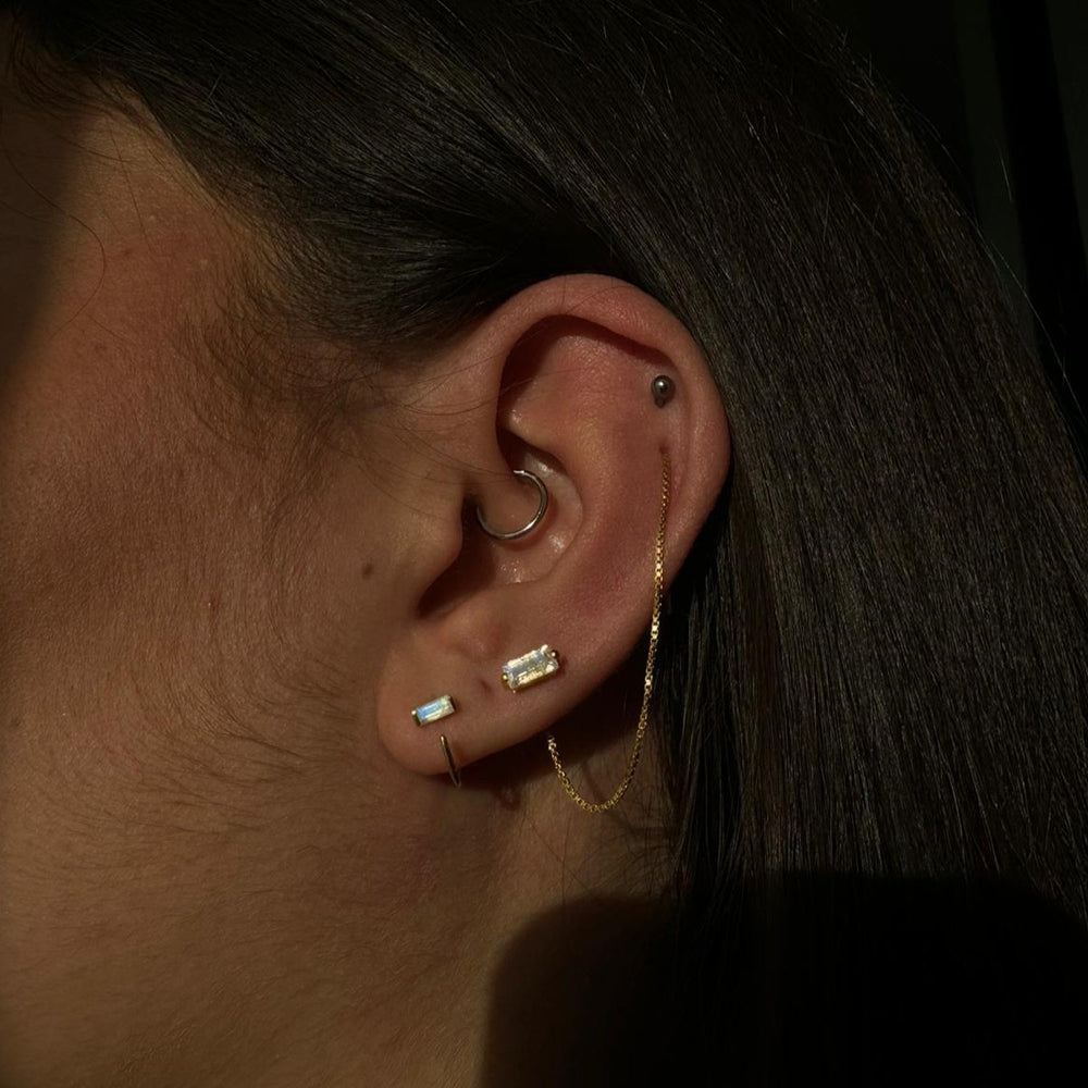 natural rainbow moonstone baguette cut moonstone sterling silver gold vermeil open hook huggie earrings dainty small minimalist