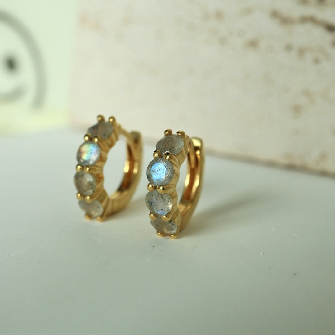 natural labradorite gemstone crystal minimalist huggie hoop earrings sterling silver 14 K gold vermeil