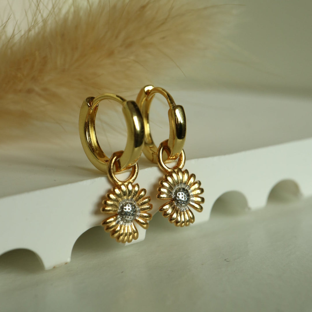 Flower daisy chrysanthemum sunflower charm dangle drop sterling silver gold plated huggie hoop earrings