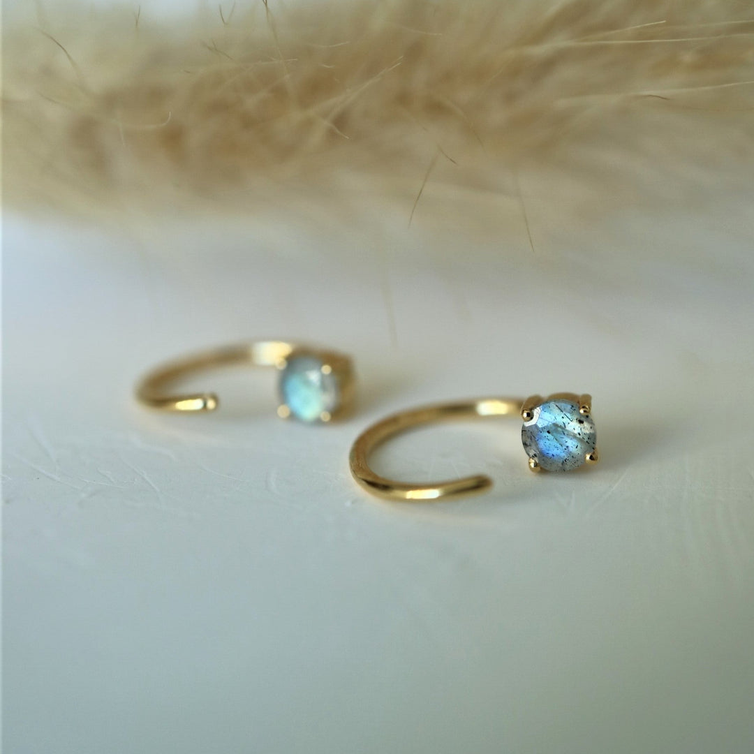 natural labradorite open hook sterling silver 14 K gold vermeil huggie earrings dainty minimalist for cartilage or second piercing