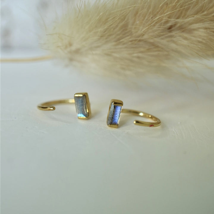 baguette cut natural labradorite open hook sterling silver 14 k gold vermeil huggie hoop earrings dainty minimalist gemstone