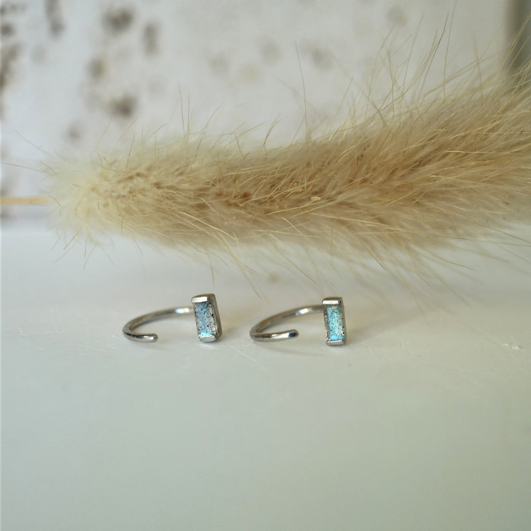 baguette cut sterling silver gmestone labradorite open hook minimalist dainty huggie earrings