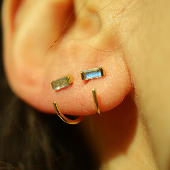 baguette cut natural labradorite open hook sterling silver 14 k gold vermeil huggie hoop earrings dainty minimalist gemstone