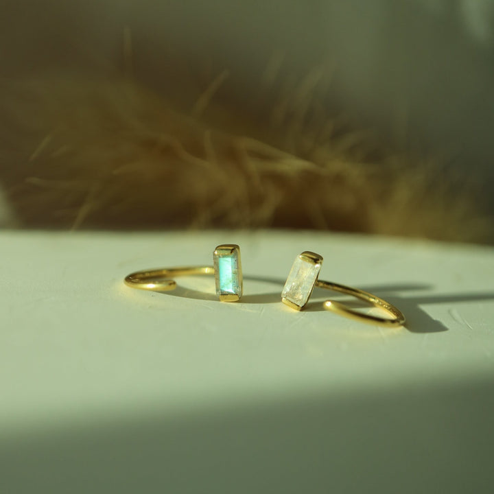 baguette cut natural labradorite open hook sterling silver 14 k gold vermeil huggie hoop earrings dainty minimalist gemstone