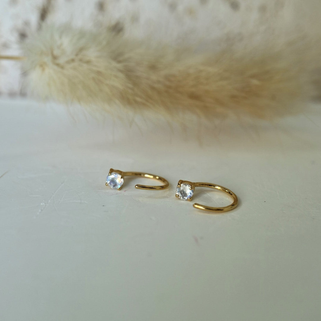 natural rainbow moonstone crystal gemstone open hook huggie hoop earrings in sterling silver 14 k gold vermeil dainty tiny minimalist fashion