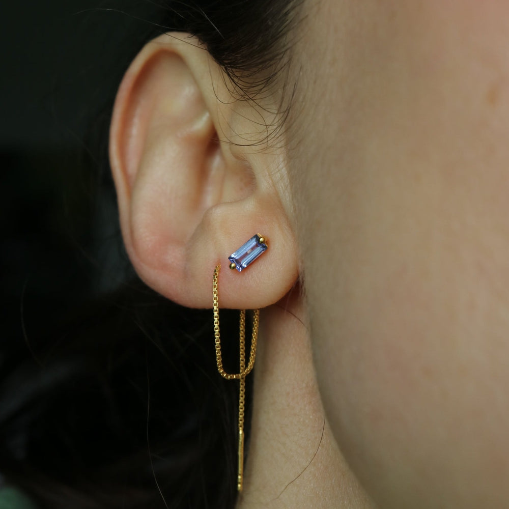 natural blue tanzanite baguette cut sterling silver 14 K gold vermeil chain threader minimalist cartilage earrings