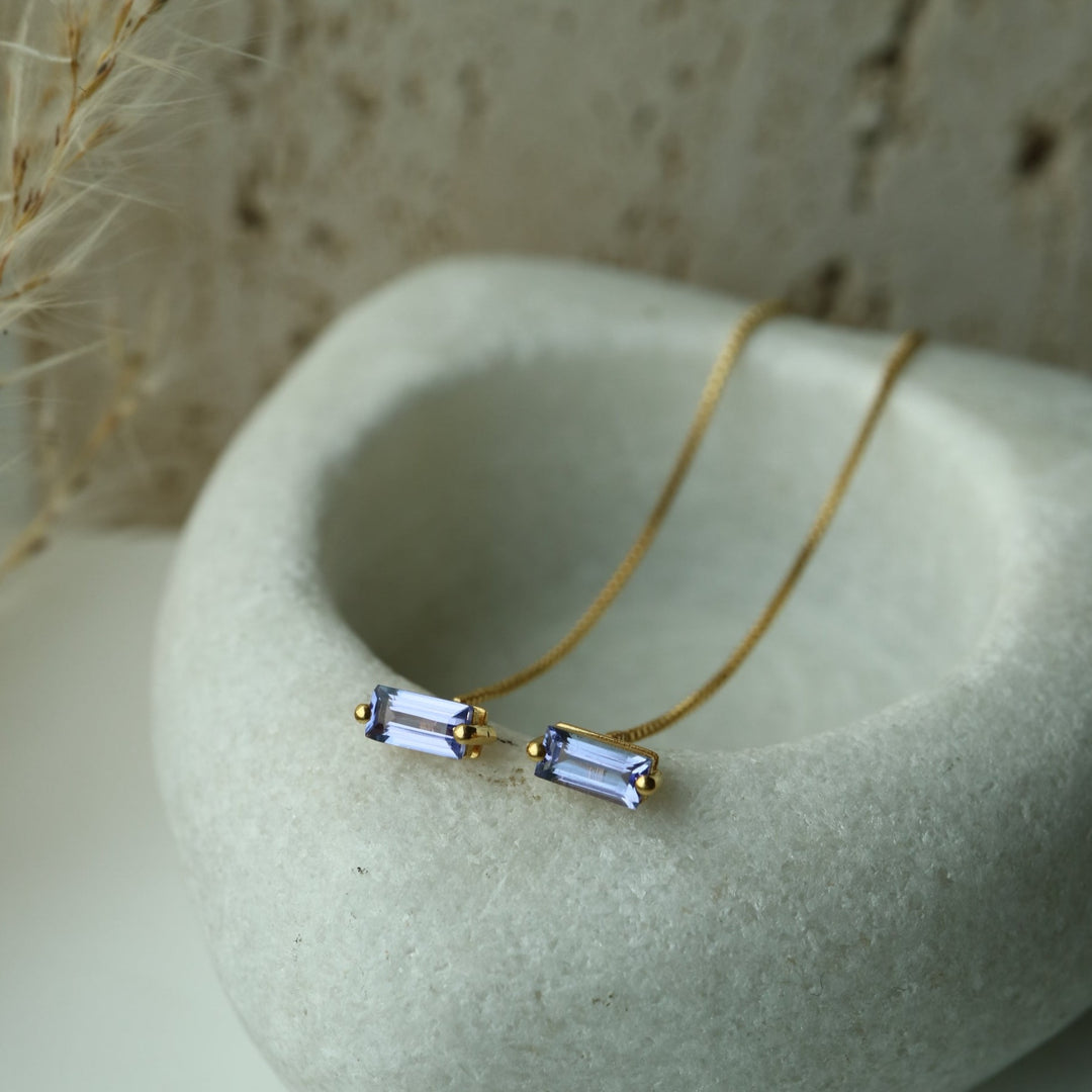 natural blue tanzanite baguette cut sterling silver 14 K gold vermeil chain threader minimalist cartilage earrings
