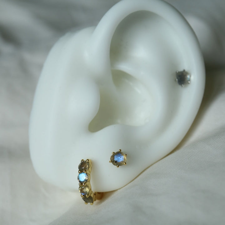 rose cut irregular labradorite silver 14 k gold vermeil internally threaded stud earrings with screw flat backs for cartilage or helix