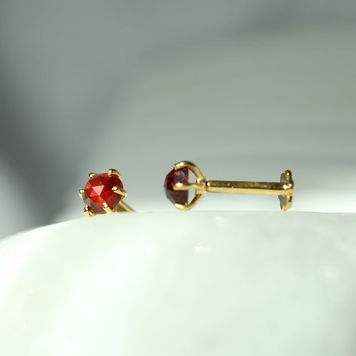 mozambique red natural garnet sterling silver 14K gold vermeil labret stud earrings with internally threaded screw flat backs