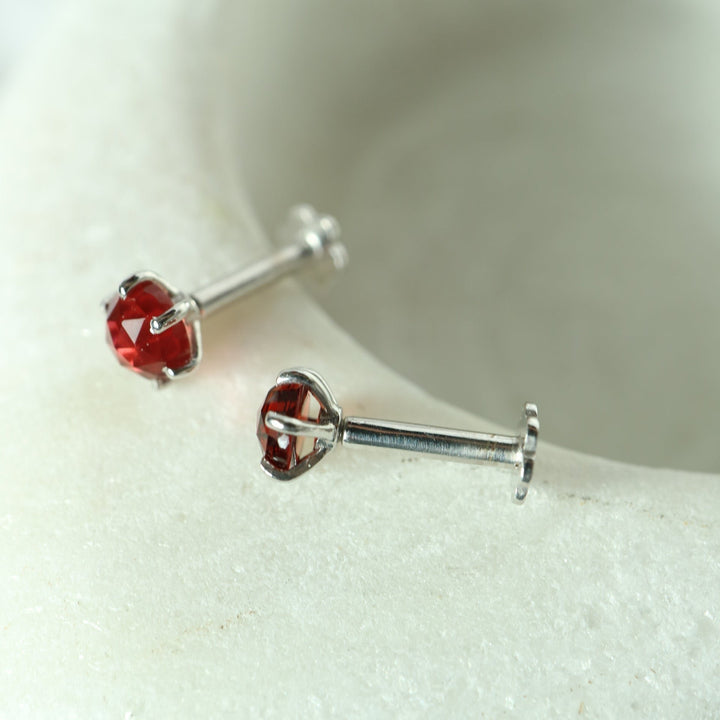 mozambique red natural garnet sterling silver labret stud earrings with internally threaded screw flat backs