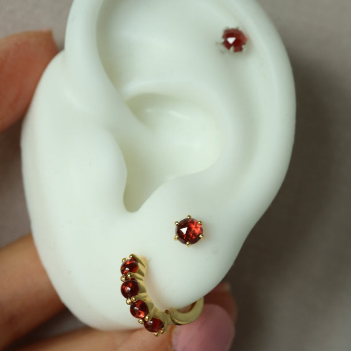 mozambique red natural garnet sterling silver 14K gold vermeil labret stud earrings with internally threaded screw flat backs