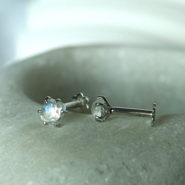 rainbow moonstone rose cut irregular gemstone flat back stud earrings internally threaded labrets for cartilage helix made of sterling silver rhodium plated