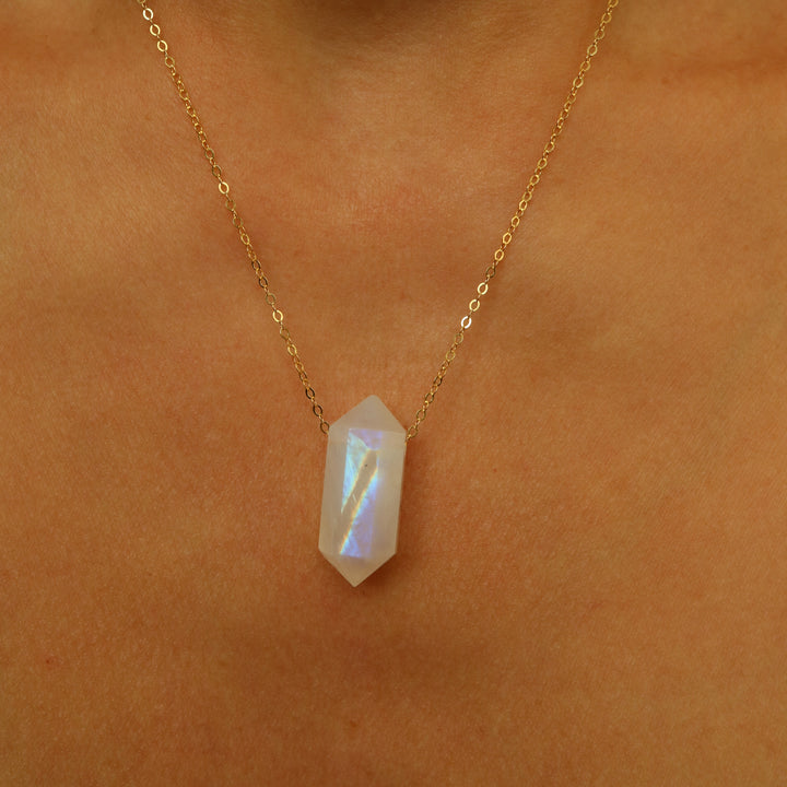 Double terminated want pointed shape natural rainbow moonstone floating 14 K gold filled chain pendant necklace healing crystal