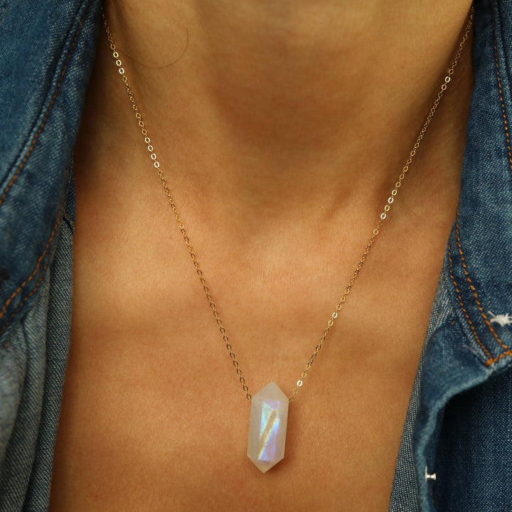 Double terminated want pointed shape natural rainbow moonstone floating 14 K gold filled chain pendant necklace healing crystal