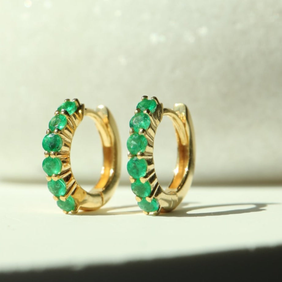 Natural genuine zambian emerald green gemstone sterling silver 14 k gold vermeil huggies hoop earrings dainty minimalist